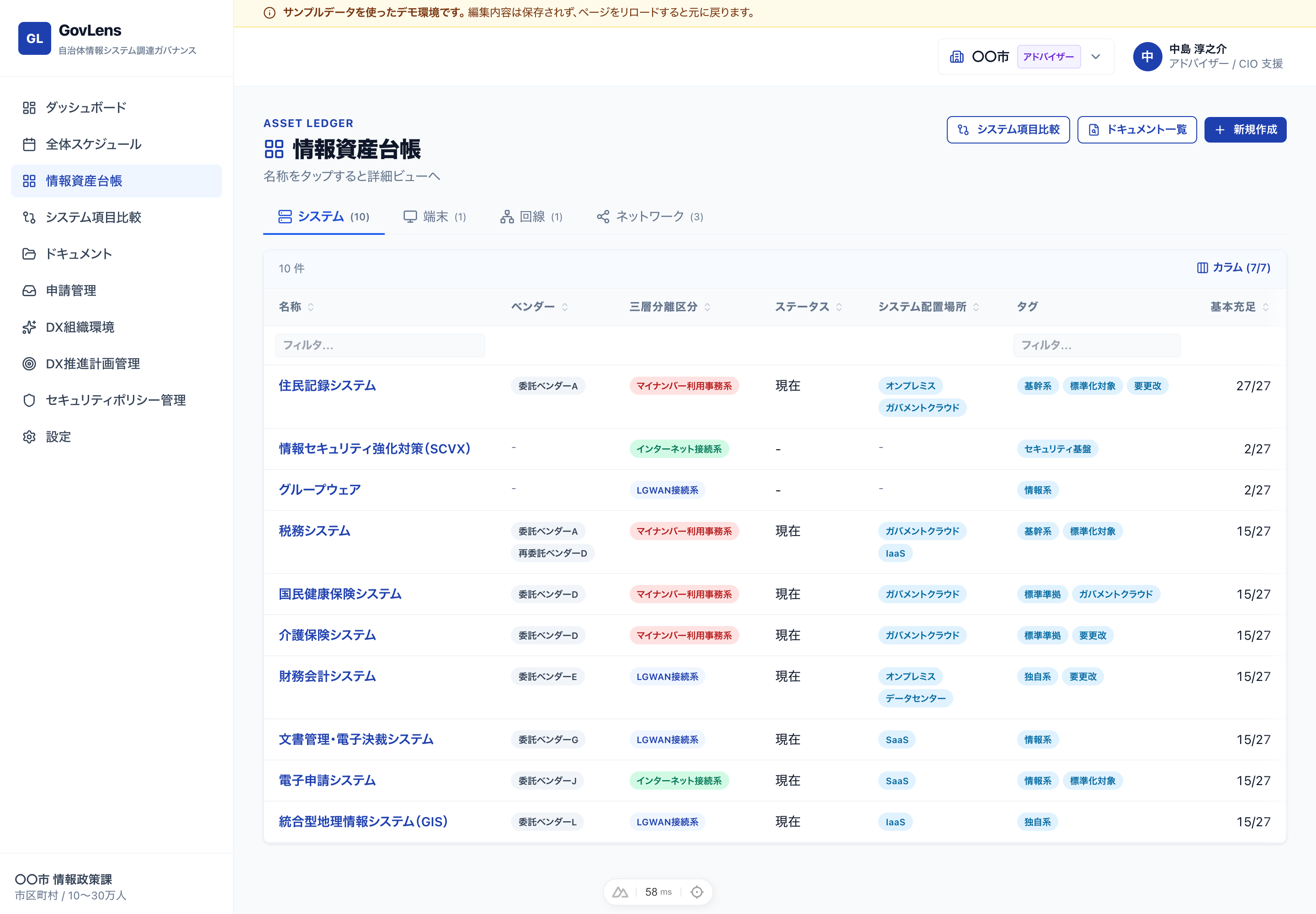 情報資産台帳 — システム/端末/回線/ネットワークを種別タブで一覧